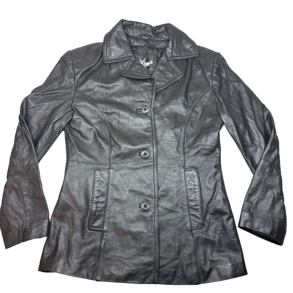 Maxima Wilsons Leather Jacket Womens Small Black Button Front Blazer Fitted Moto